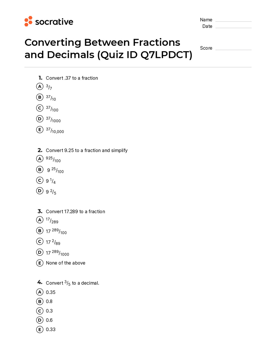 Converting Between Fractions And Decimals – Quiz Shop