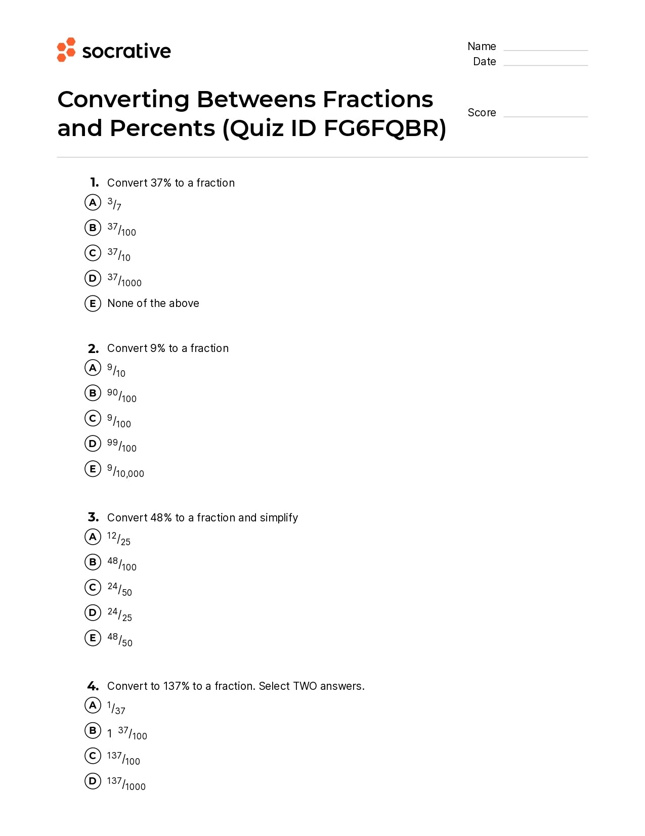 Converting Betweens Fractions And Percents
