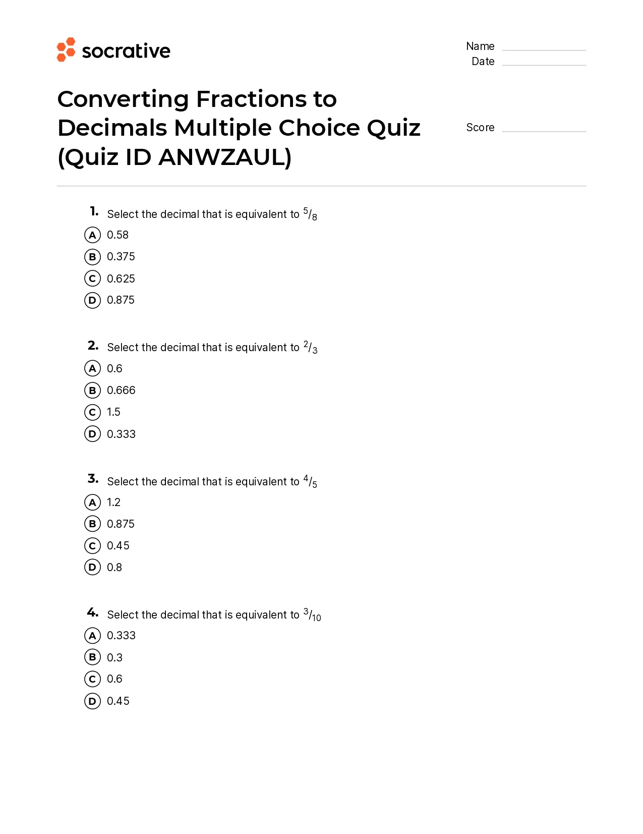 Converting Fractions To Decimals Multiple Choice Quiz