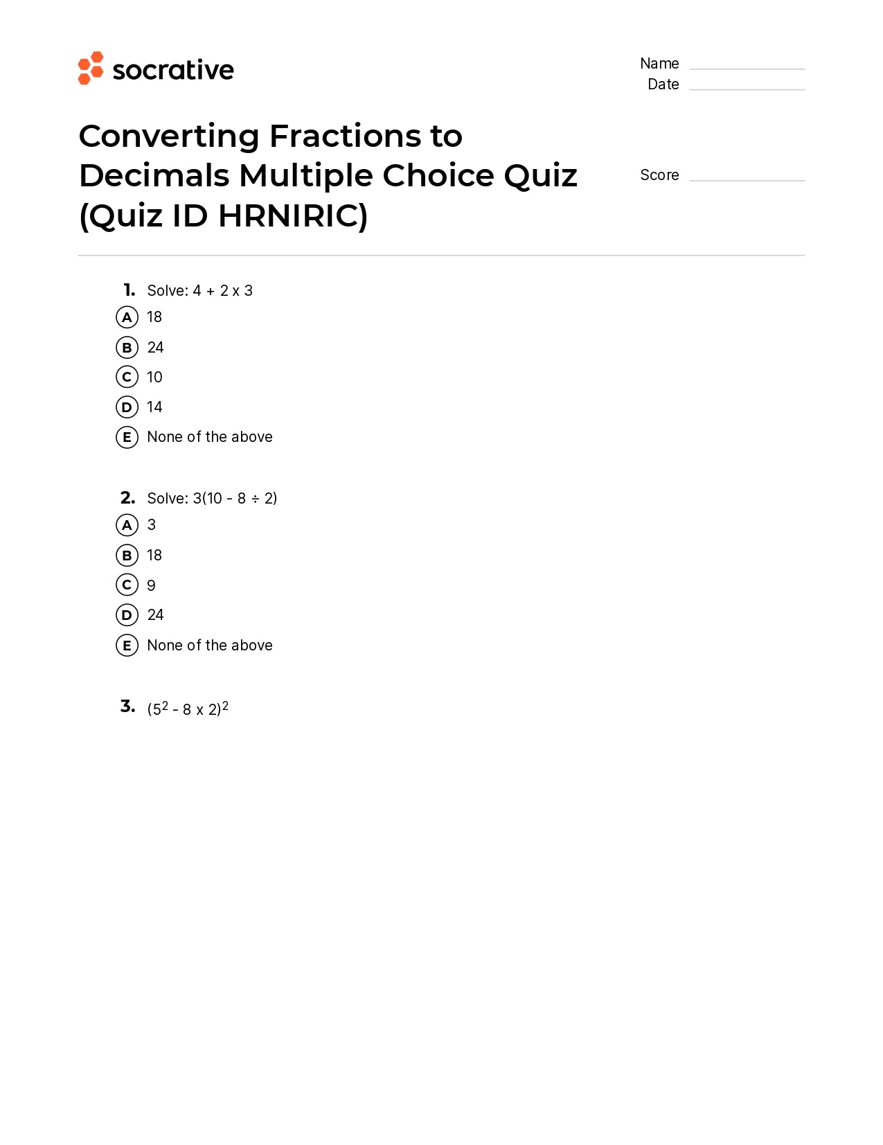 Converting Fractions To Decimals Multiple Choice Quiz