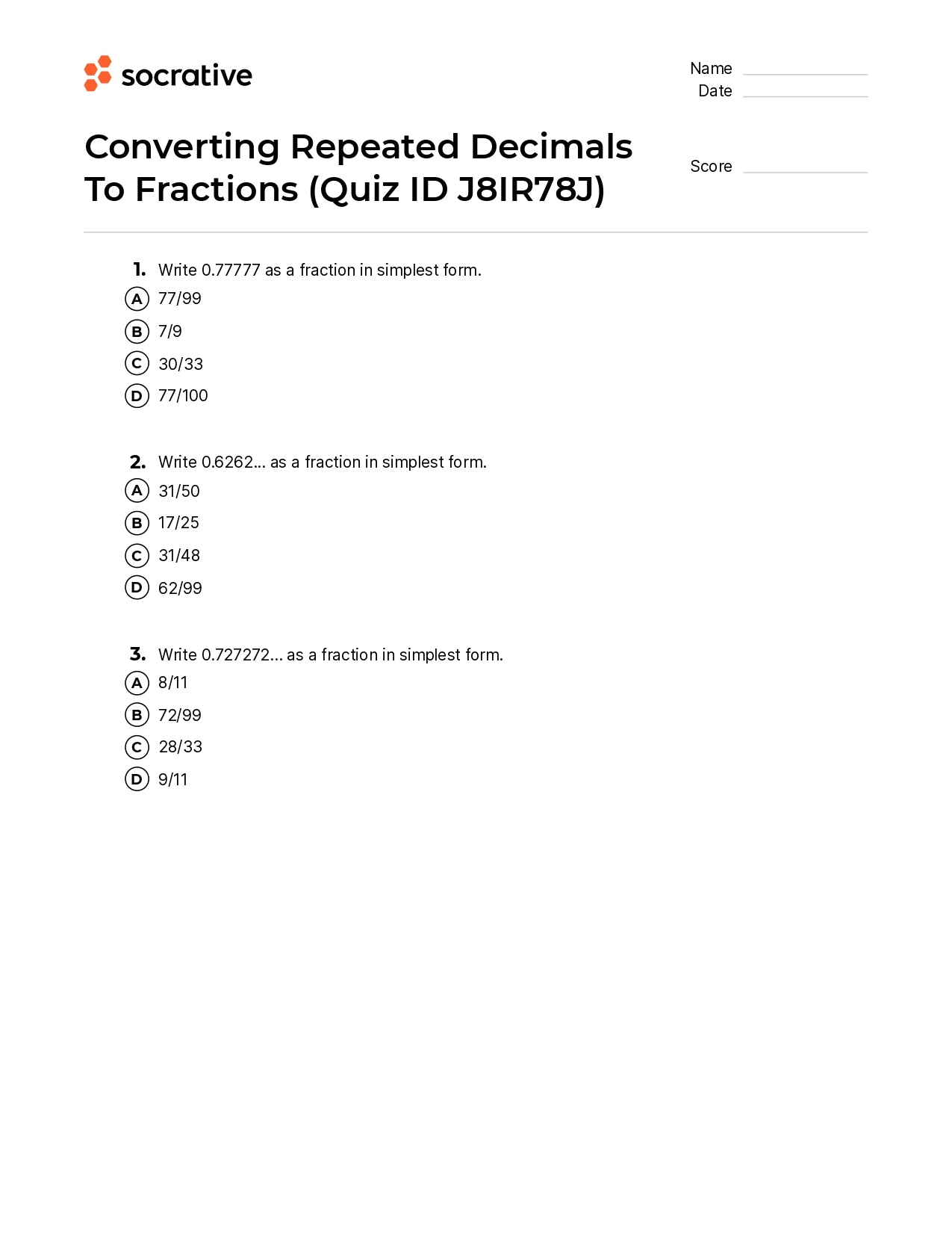 Converting Repeated Decimals To Fractions