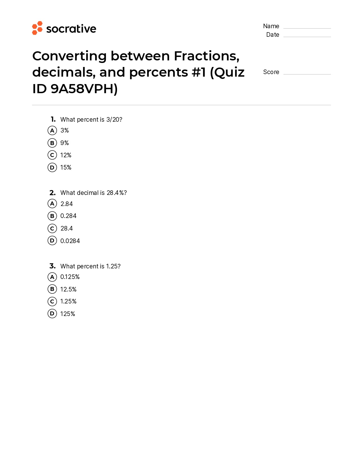 Converting Between Fractions Decimals And Percents 1