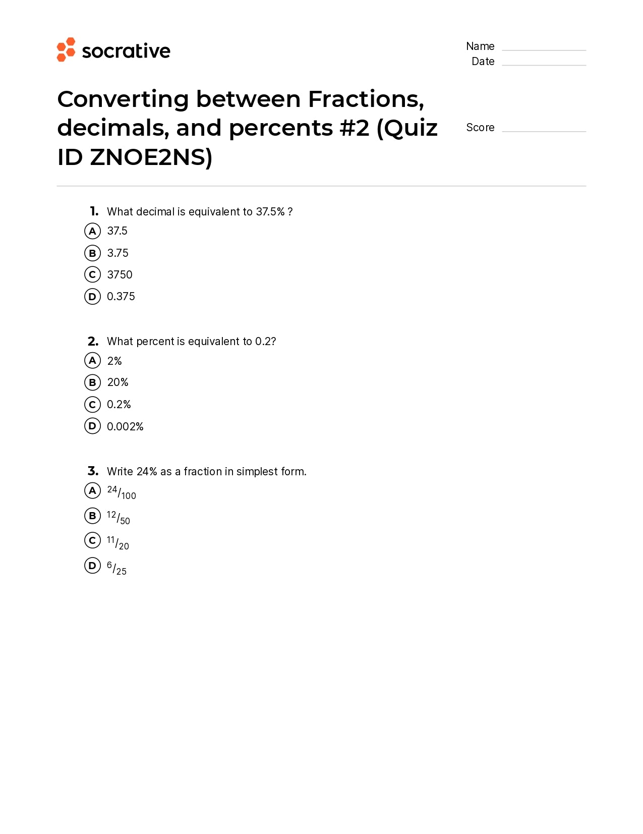 Converting Between Fractions Decimals And Percents 2