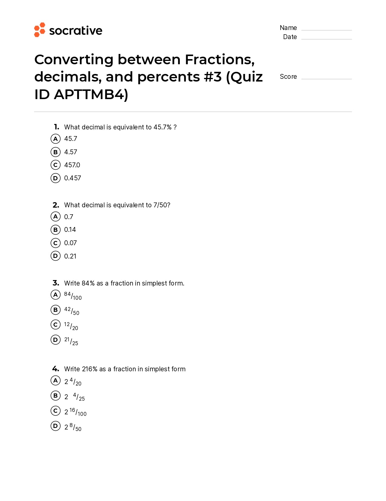 Converting Between Fractions Decimals And Percents 3