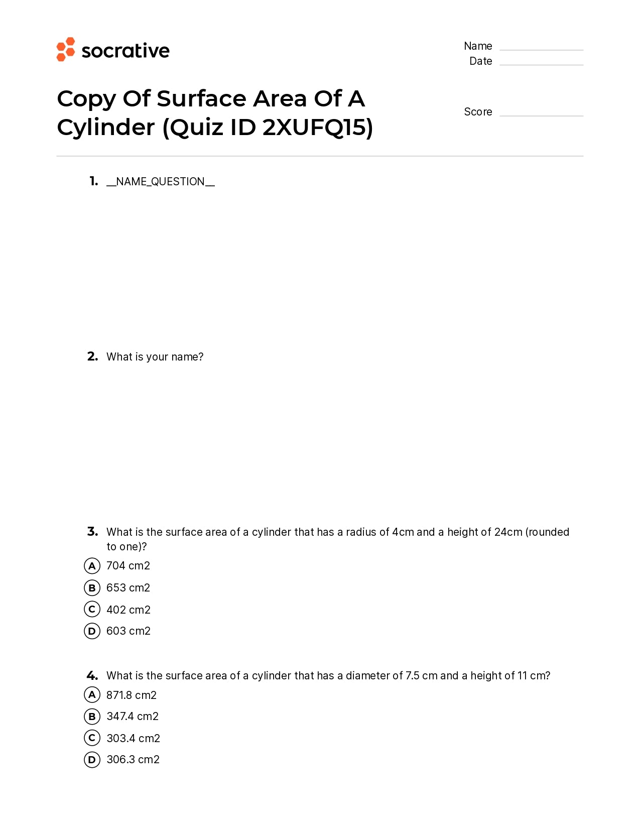 Copy Of Surface Area Of A Cylinder