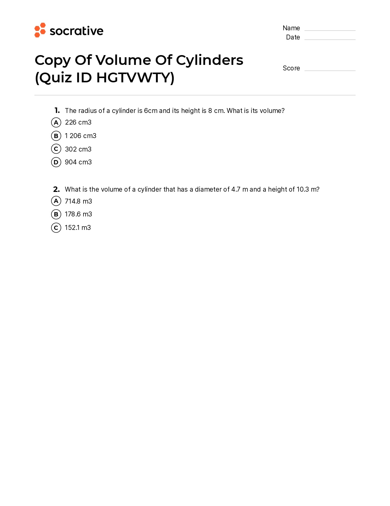 Copy Of Volume Of Cylinders