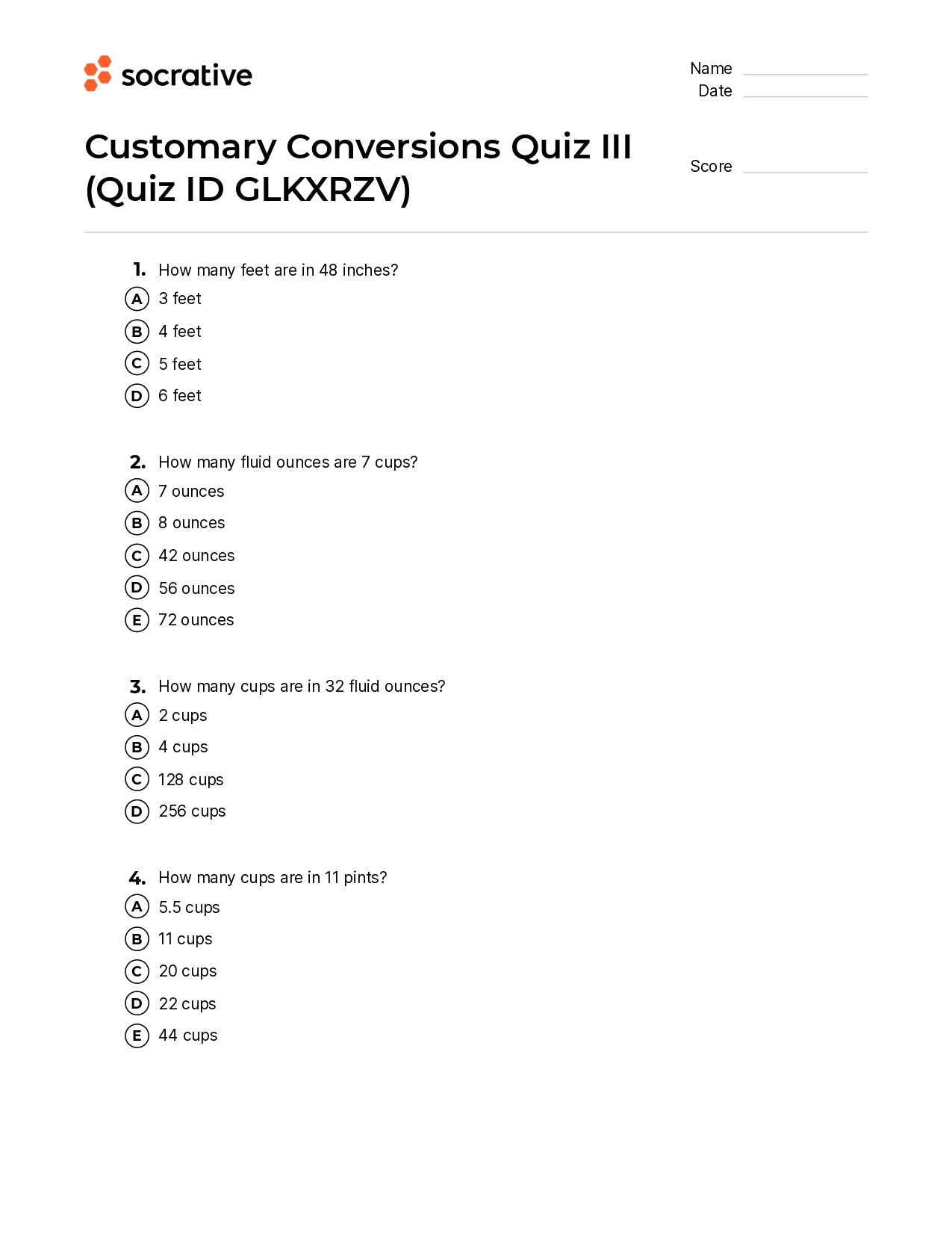 Customary Conversions Quiz Iii