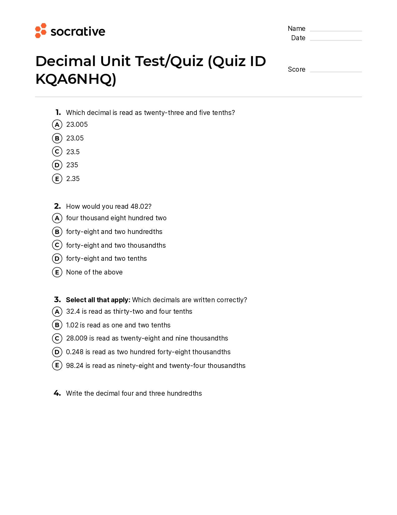 Decimal Unit Test/Quiz