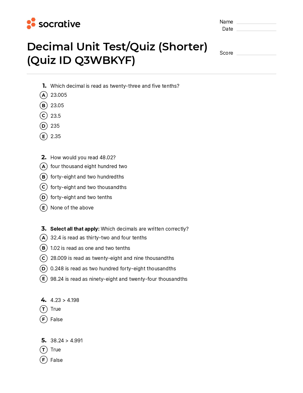 Decimal Unit Test/Quiz (Shorter)