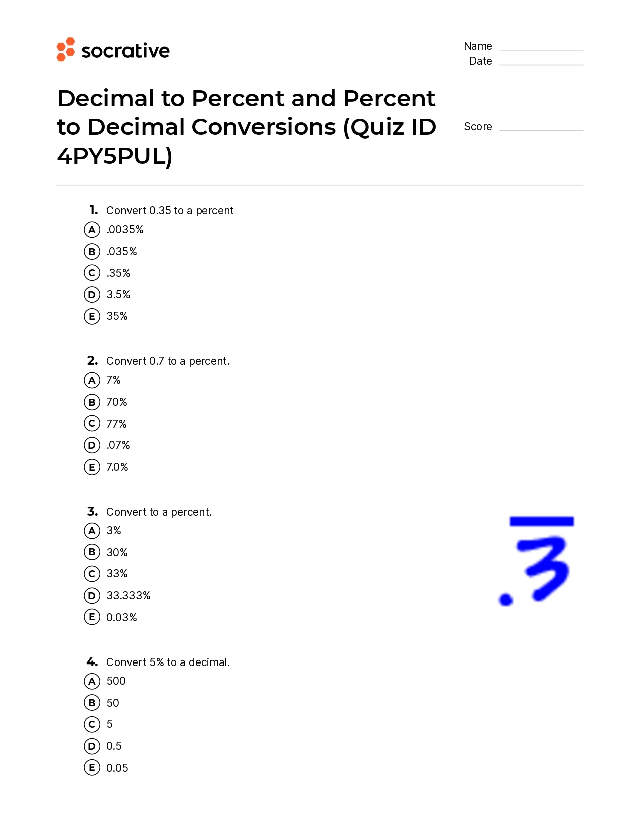 Decimal To Percent And Percent To Decimal Conversions