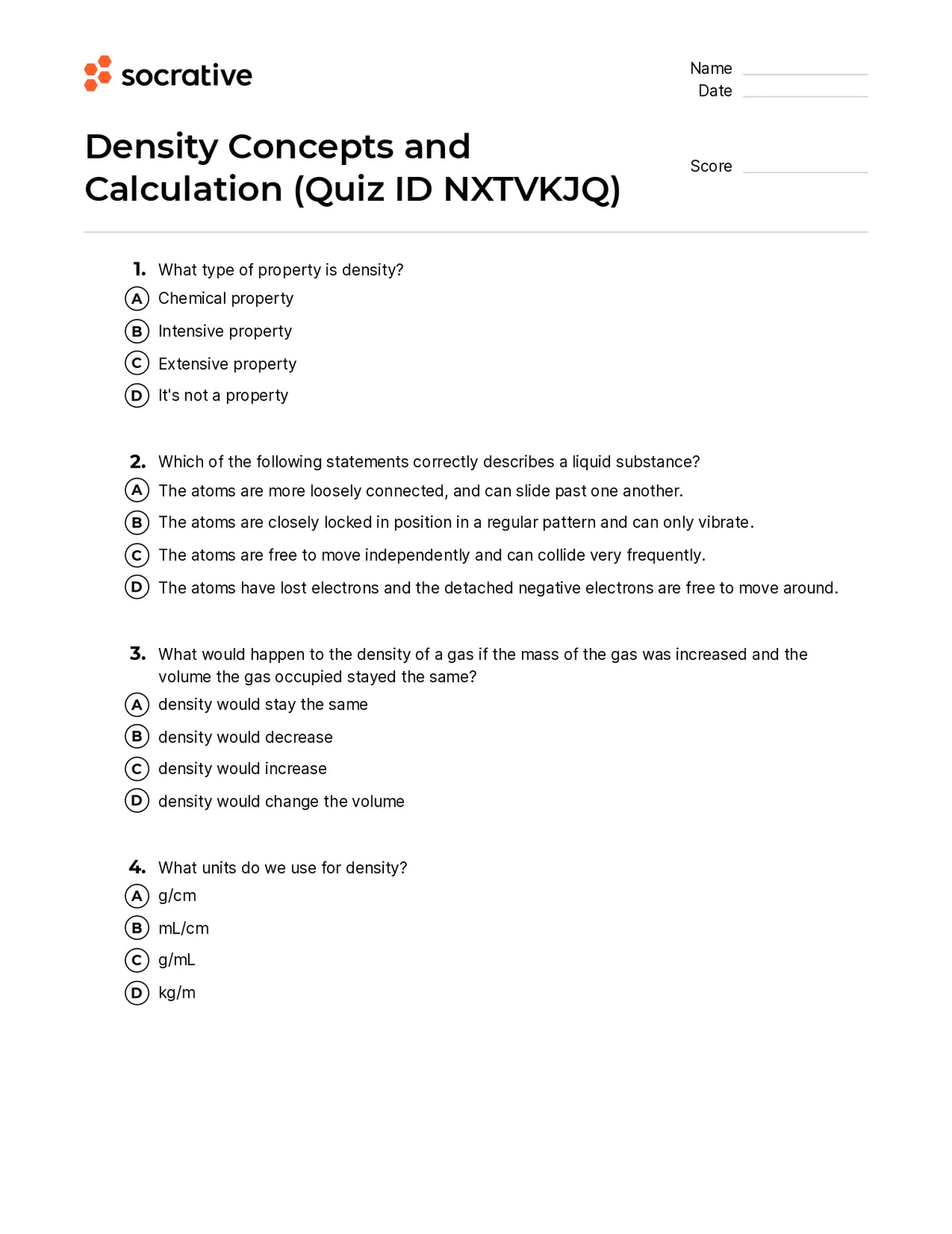 Density Concepts And Calculation Quiz Shop
