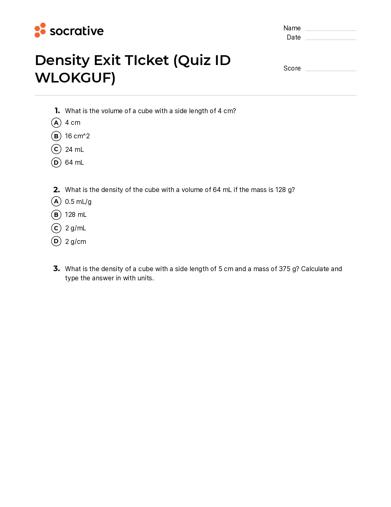Density Exit Ticket
