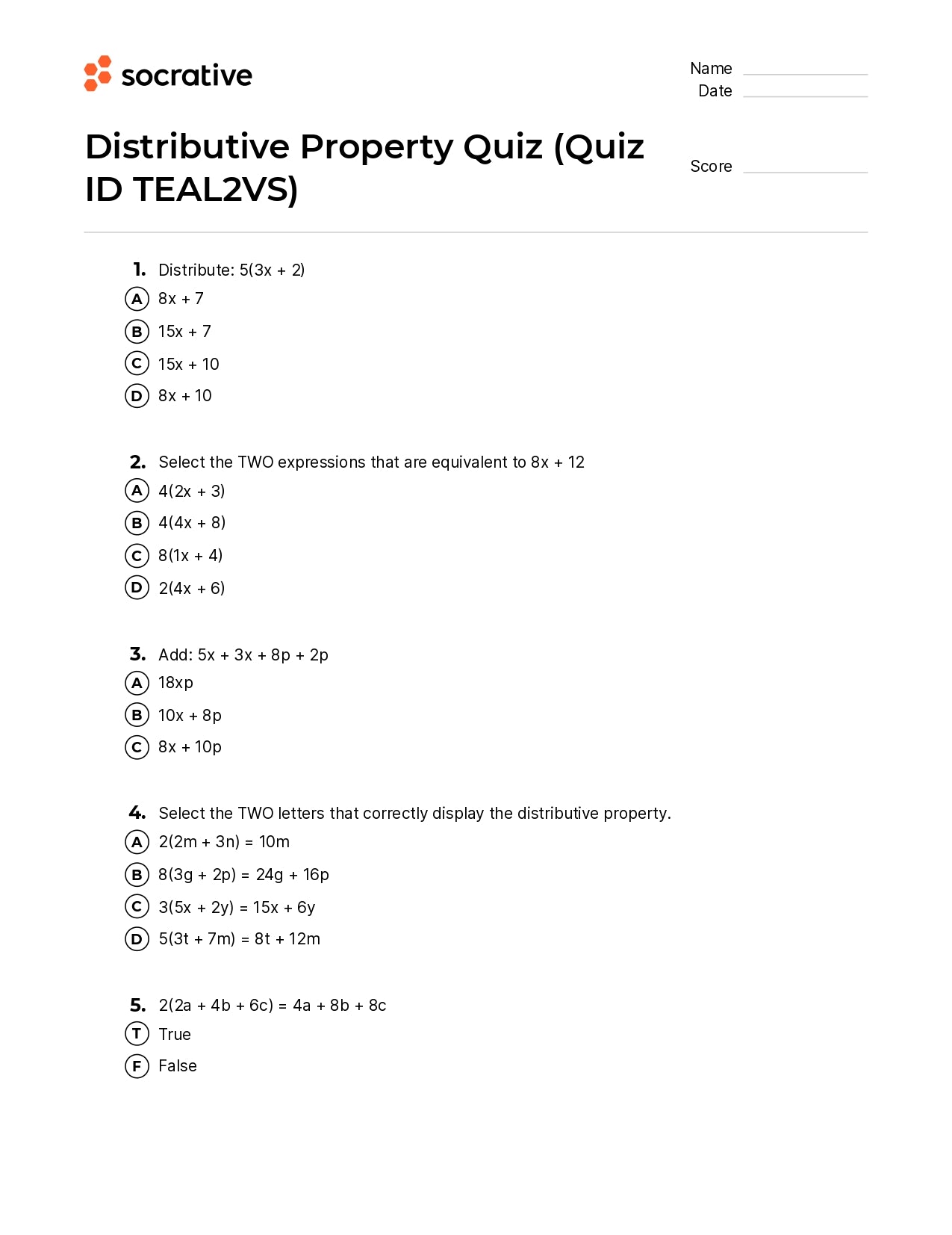 Distributive Property Quiz