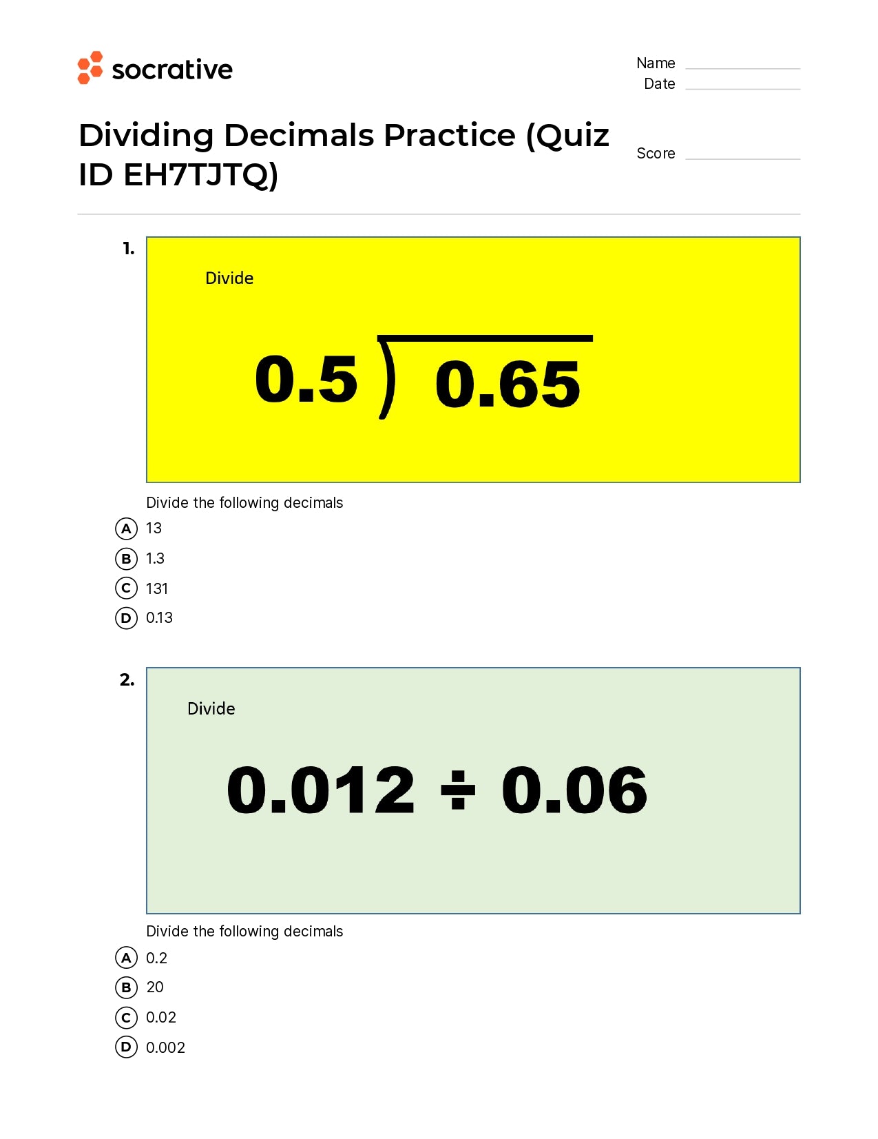 Dividing Decimals Practice