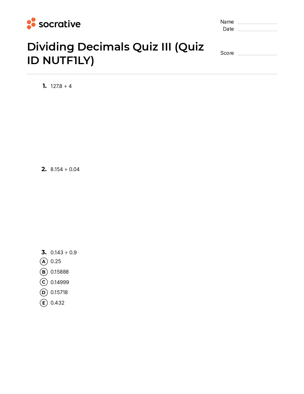Dividing Decimals Quiz Iii