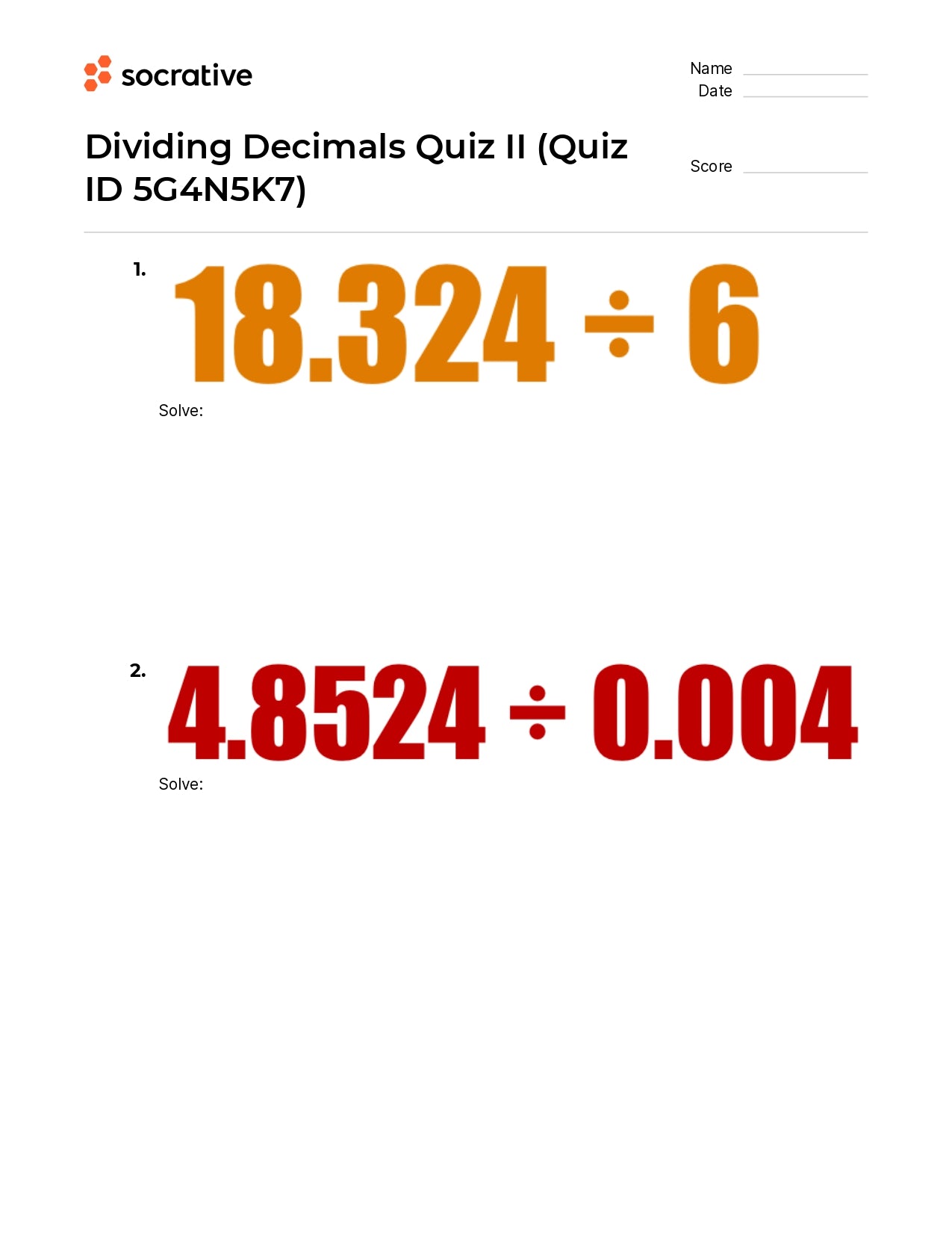 Dividing Decimals Quiz Ii