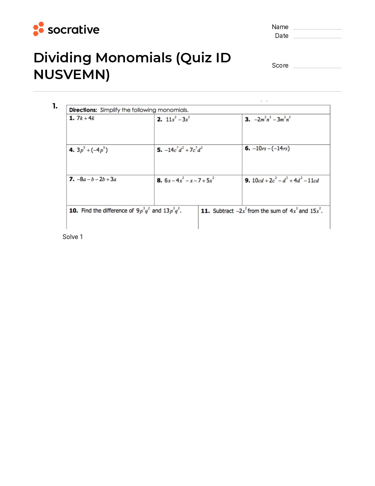 Dividing Monomials