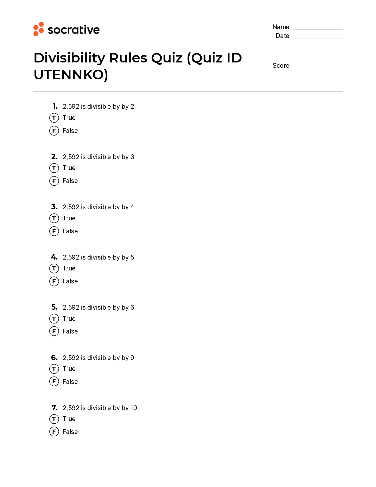 Divisibility Rules Quiz