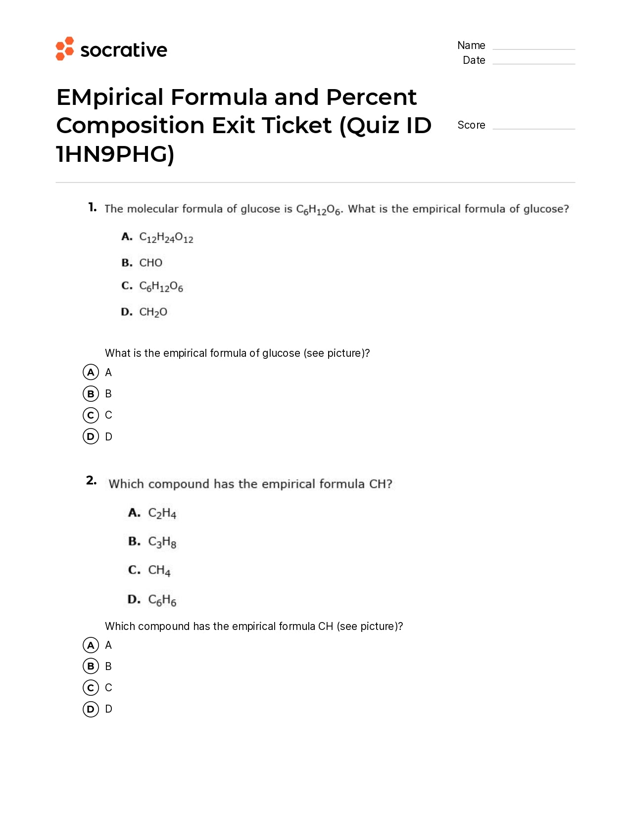 Empirical Formula And Percent Composition Exit Ticket
