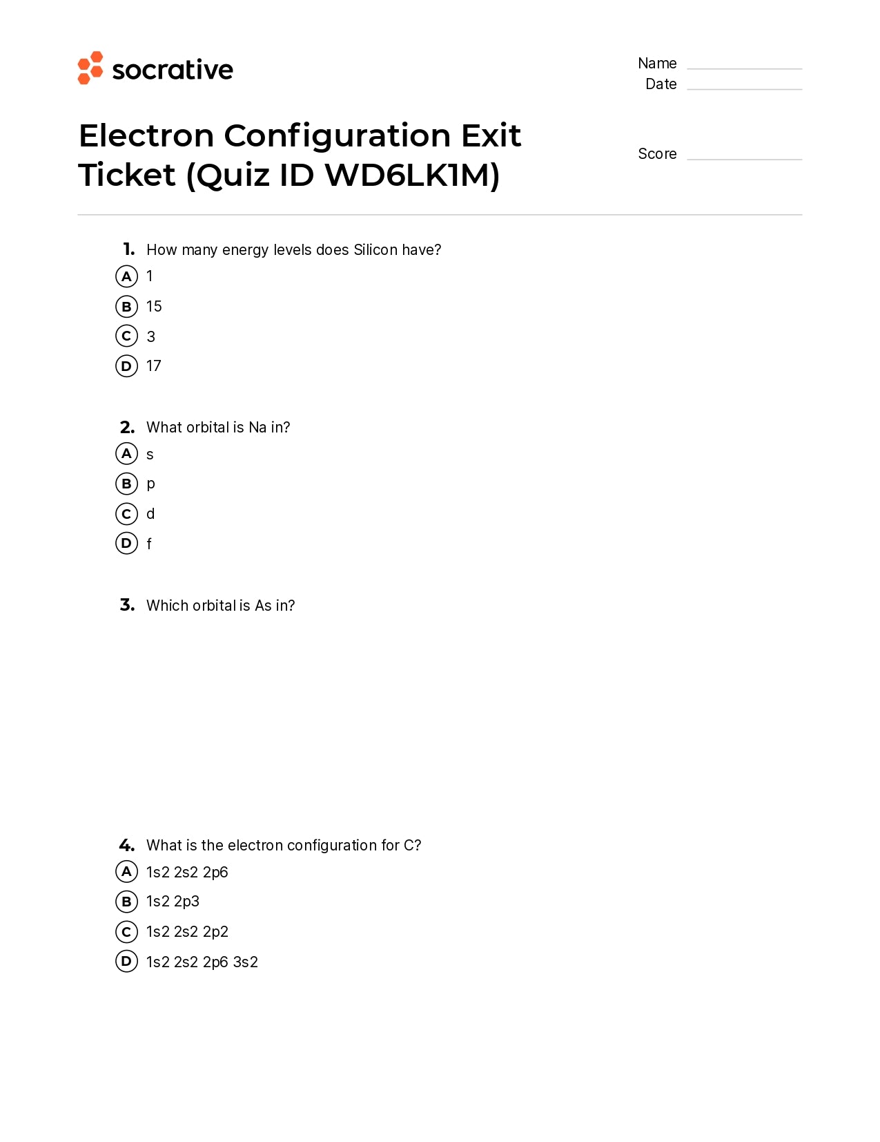 Electron Configuration Exit Ticket