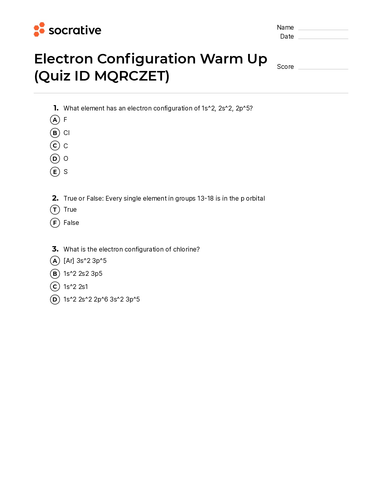 Electron Configuration Warm Up