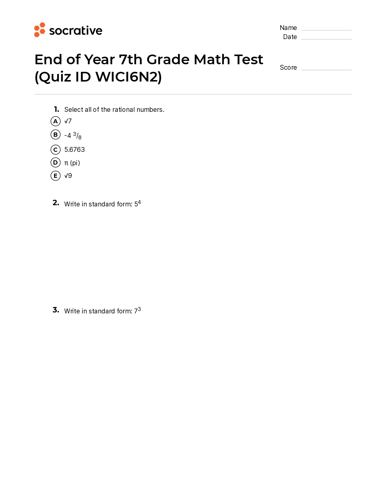 End Of Year 7Th Grade Math Test
