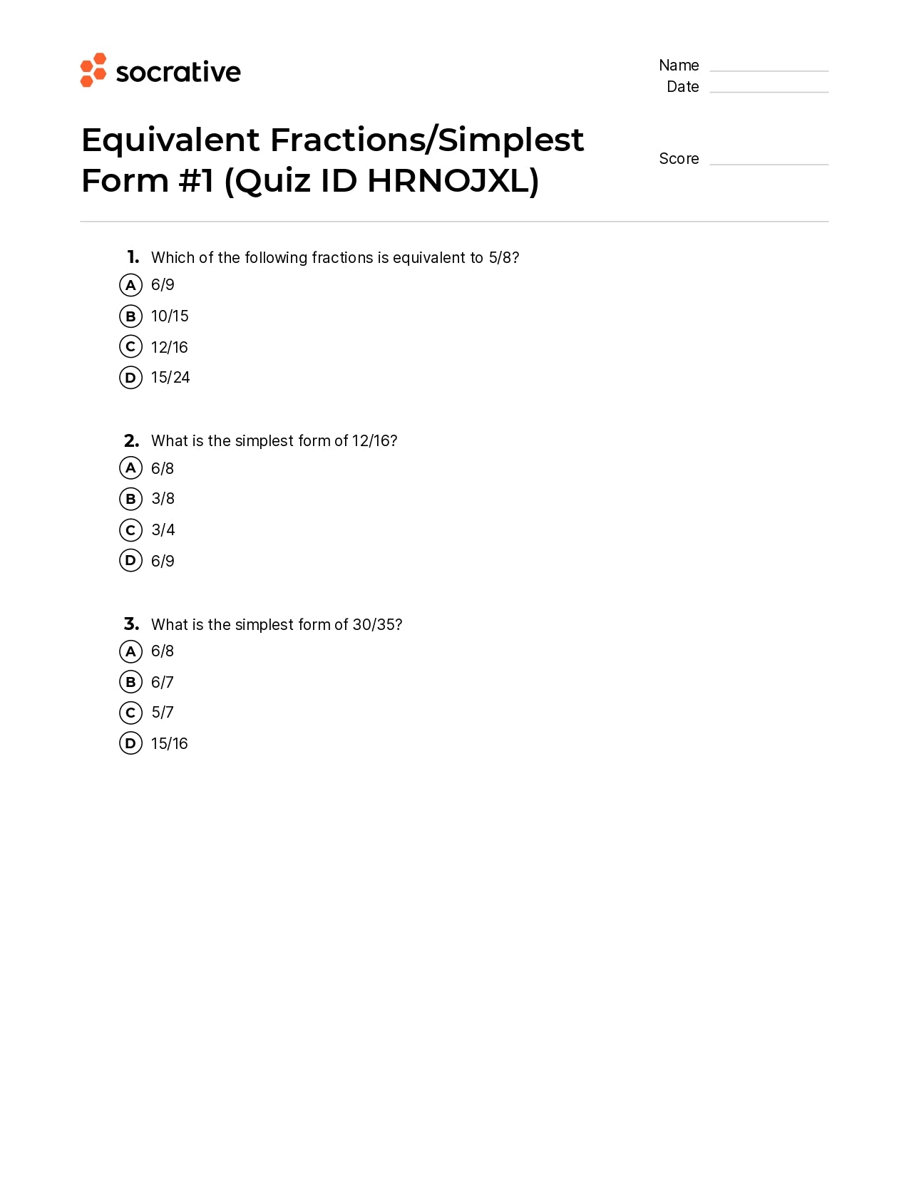 Equivalent Fractions/Simplest Form 1