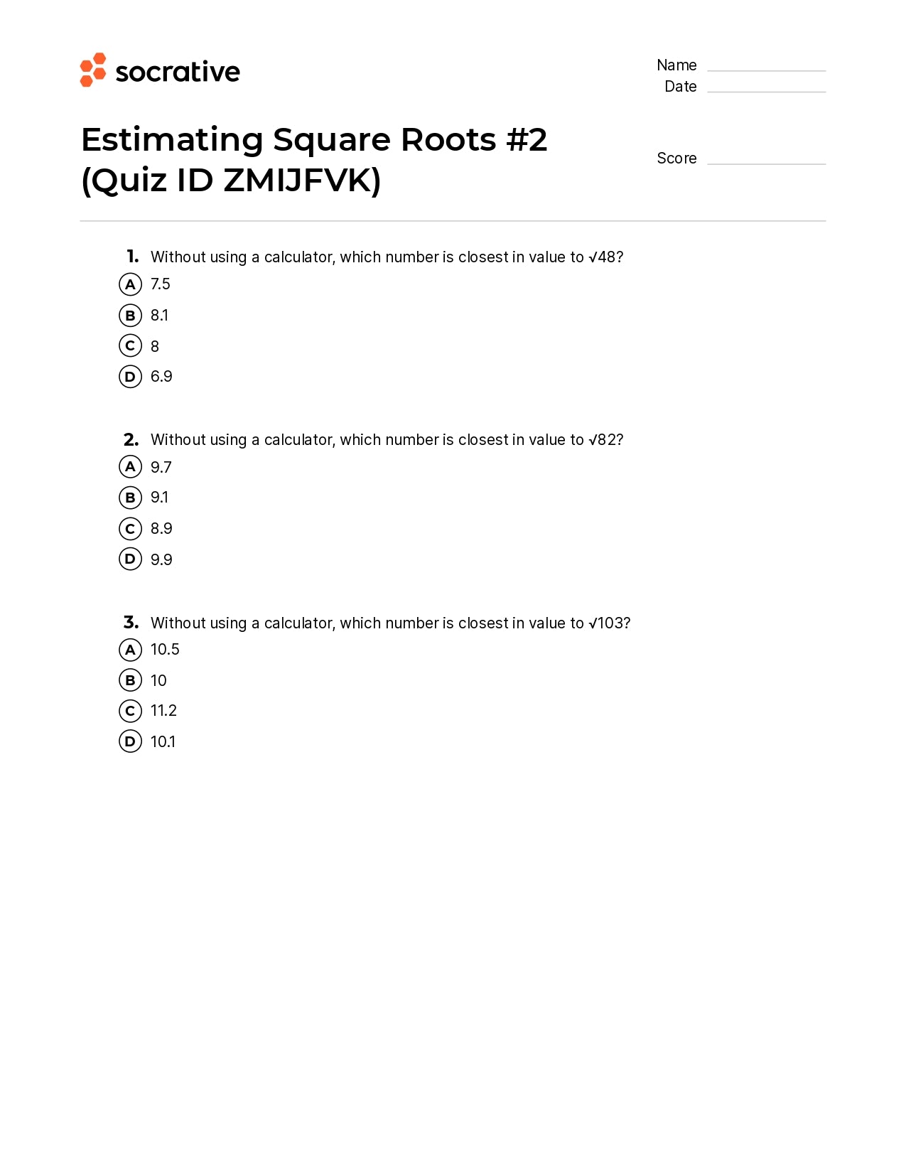 Estimating Square Roots 2