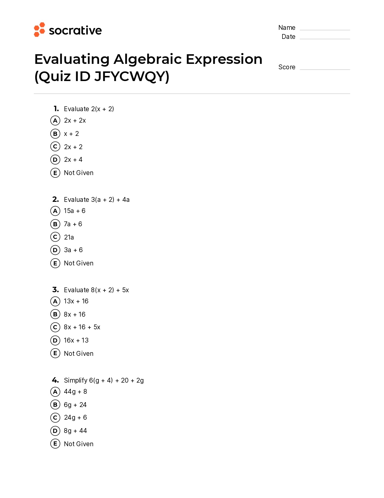 Evaluating Algebraic Expression