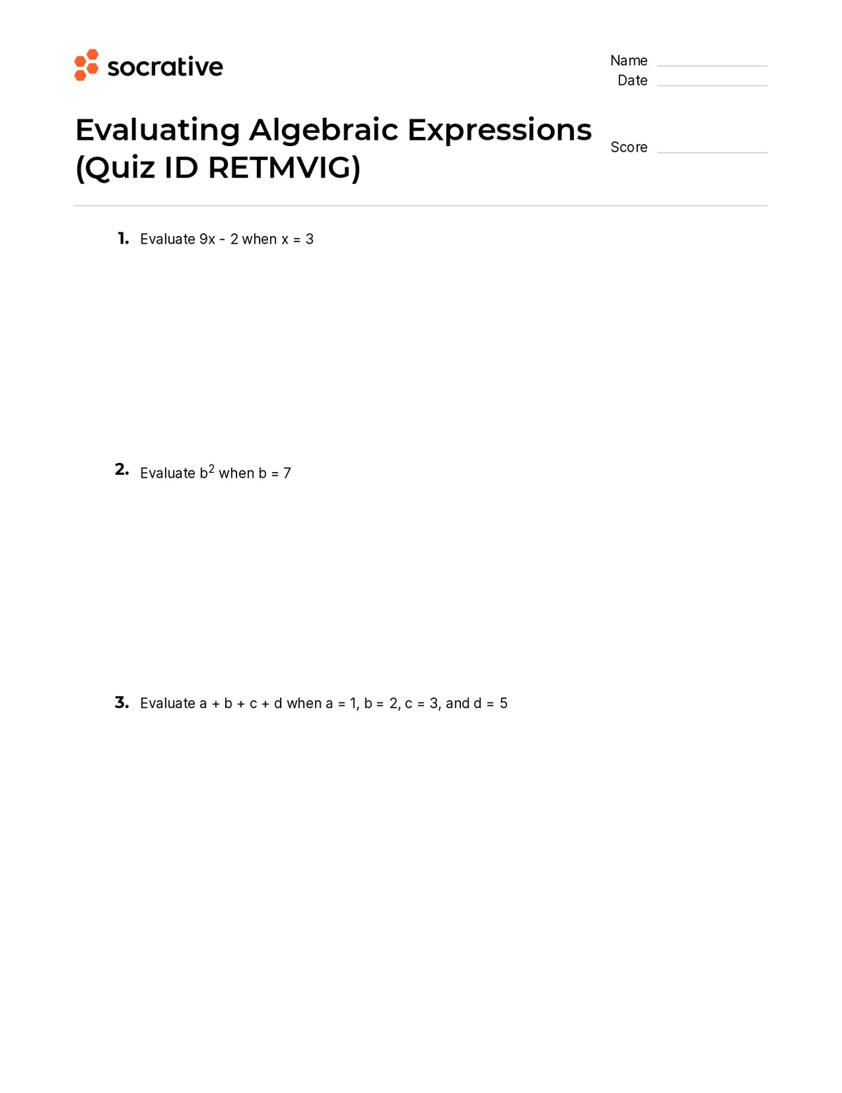 Evaluating Algebraic Expressions – Quiz Shop