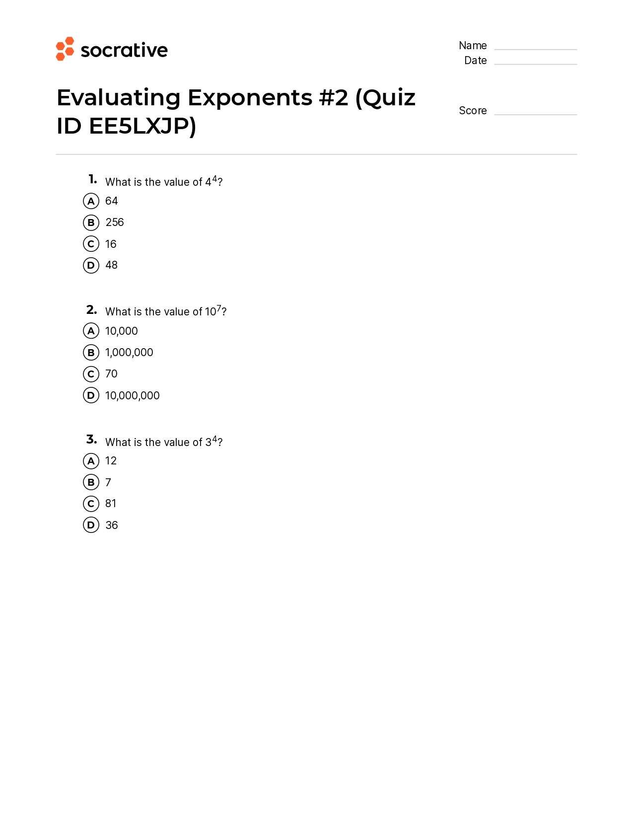 Evaluating Exponents 2