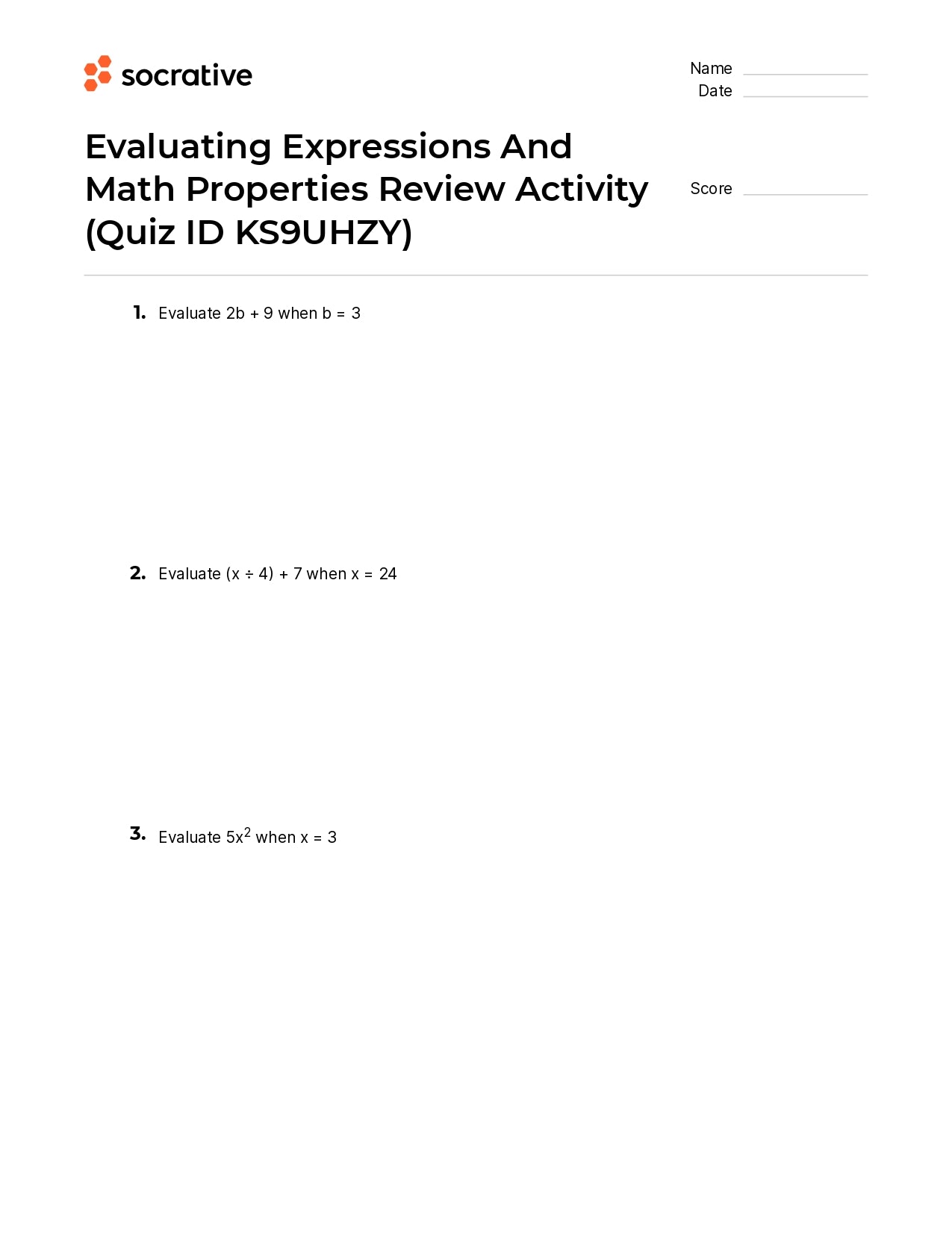 Evaluating Expressions And Math Properties Review Activity