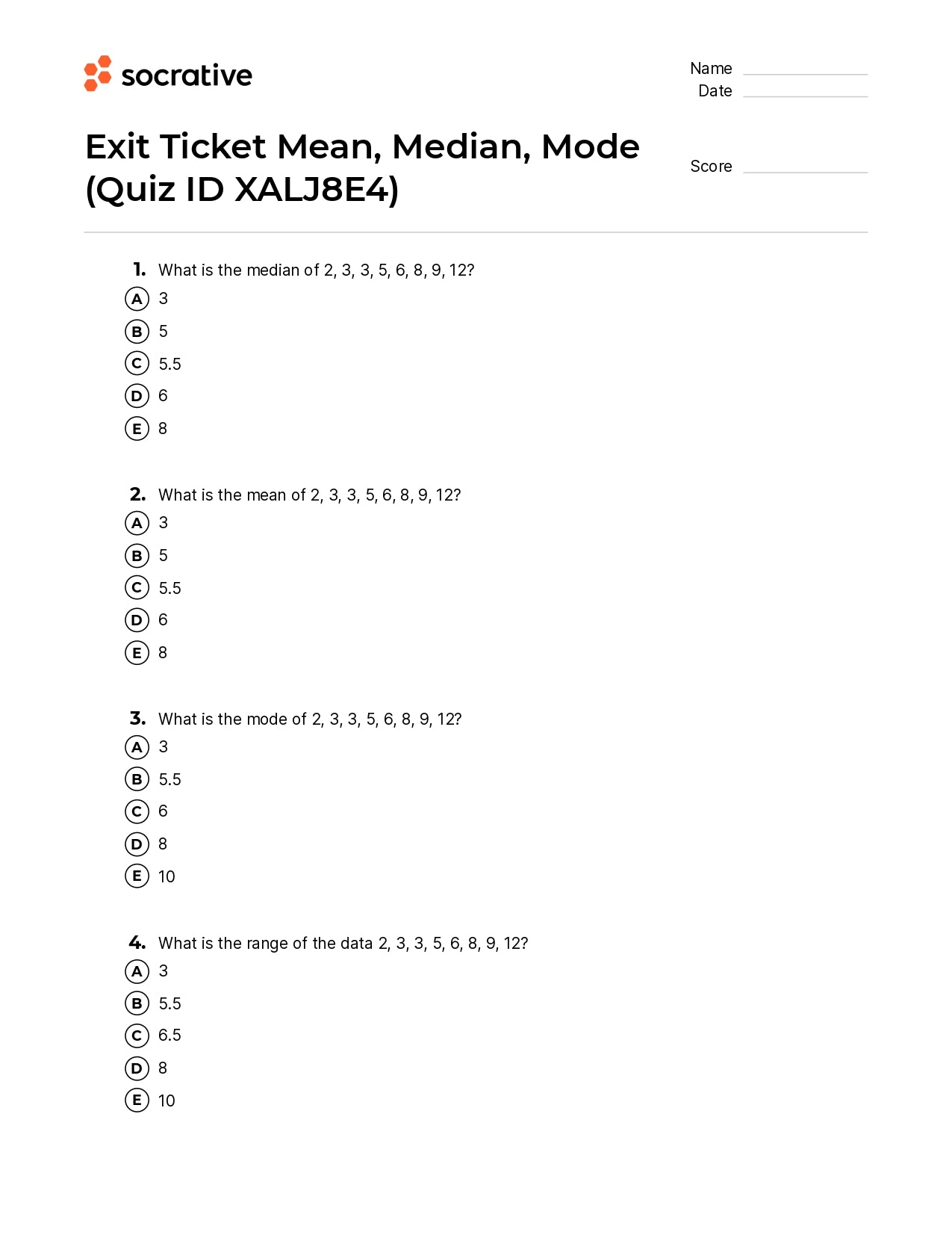 Exit Ticket Mean Median Mode