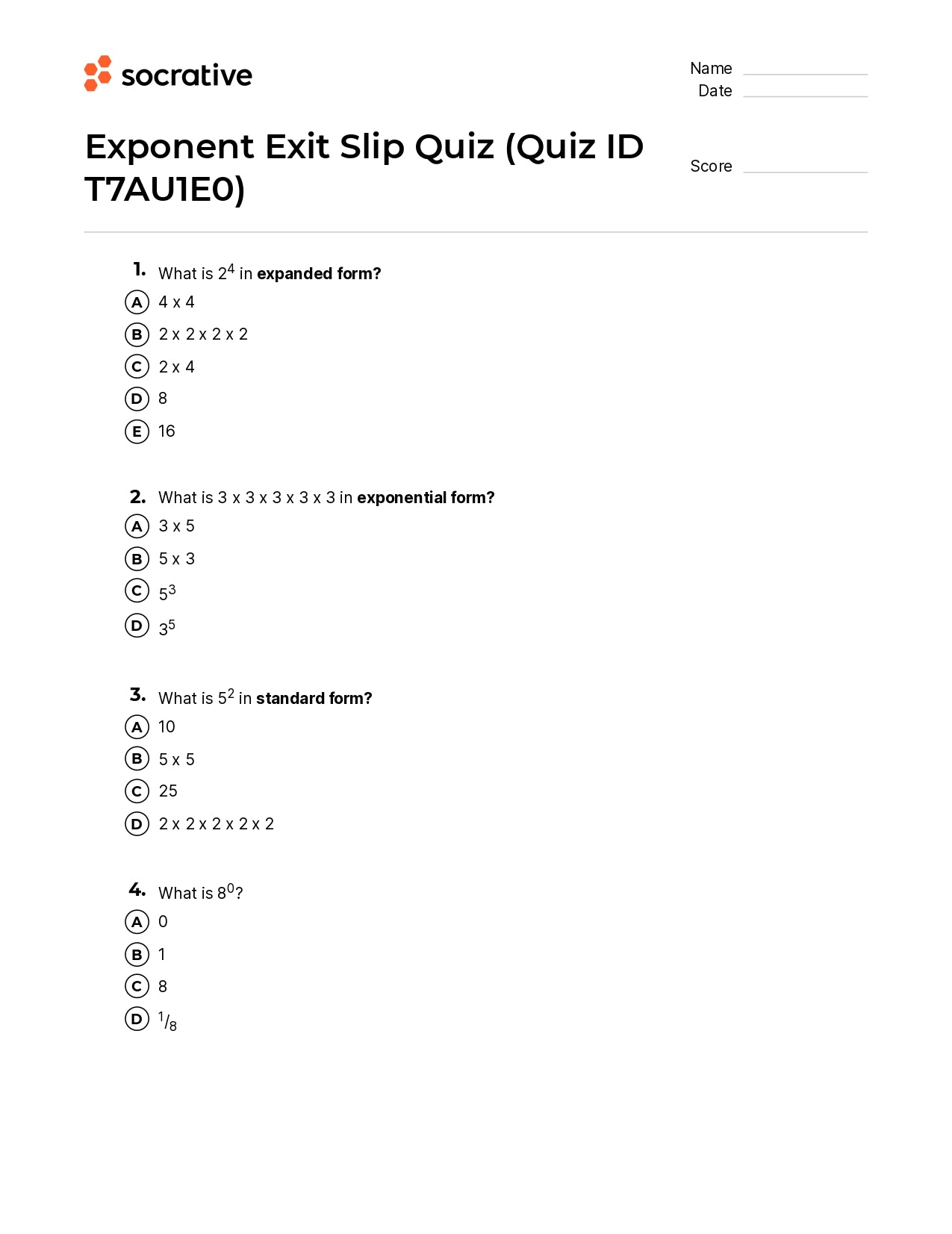 Exponent Exit Slip Quiz