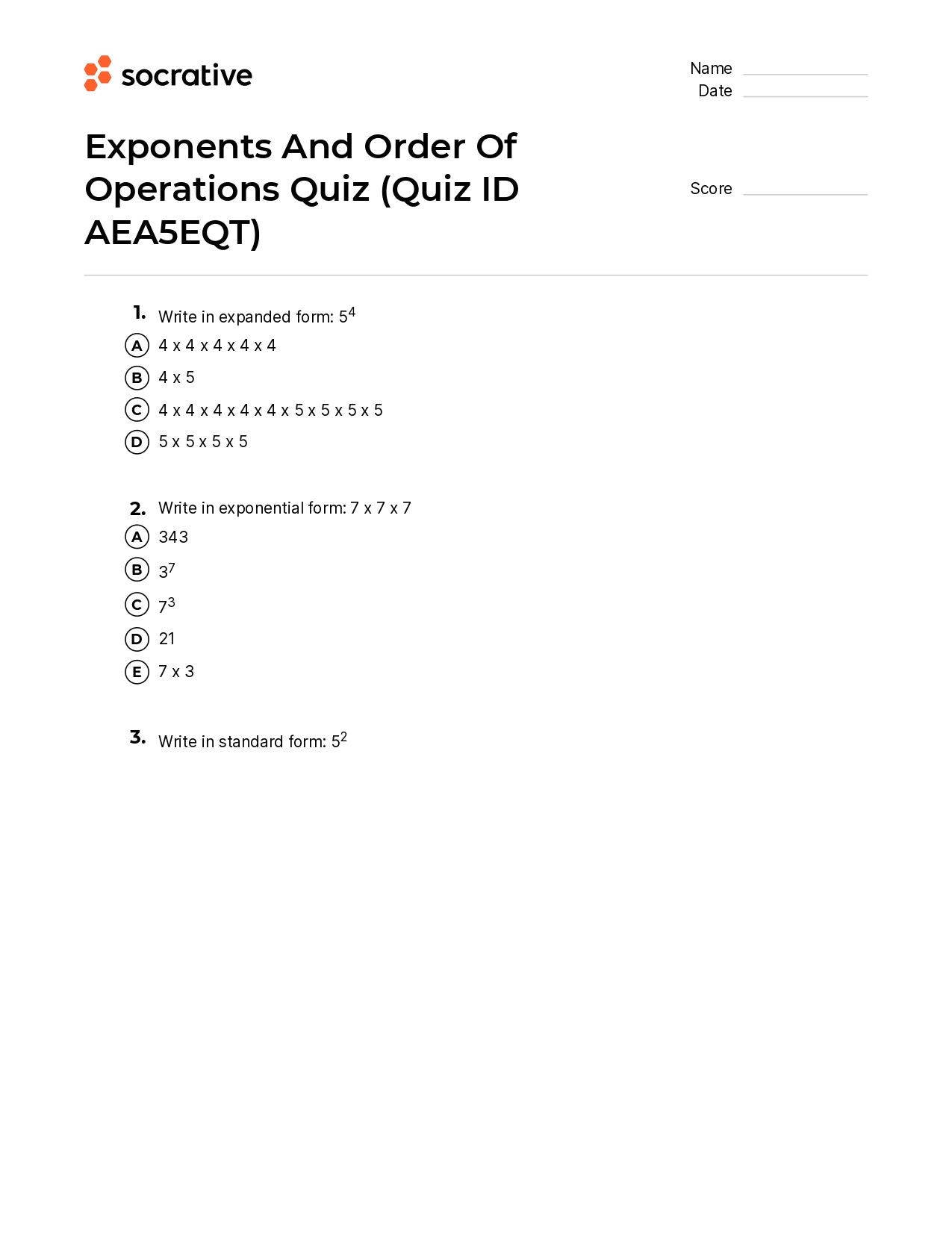 Exponents And Order Of Operations Quiz