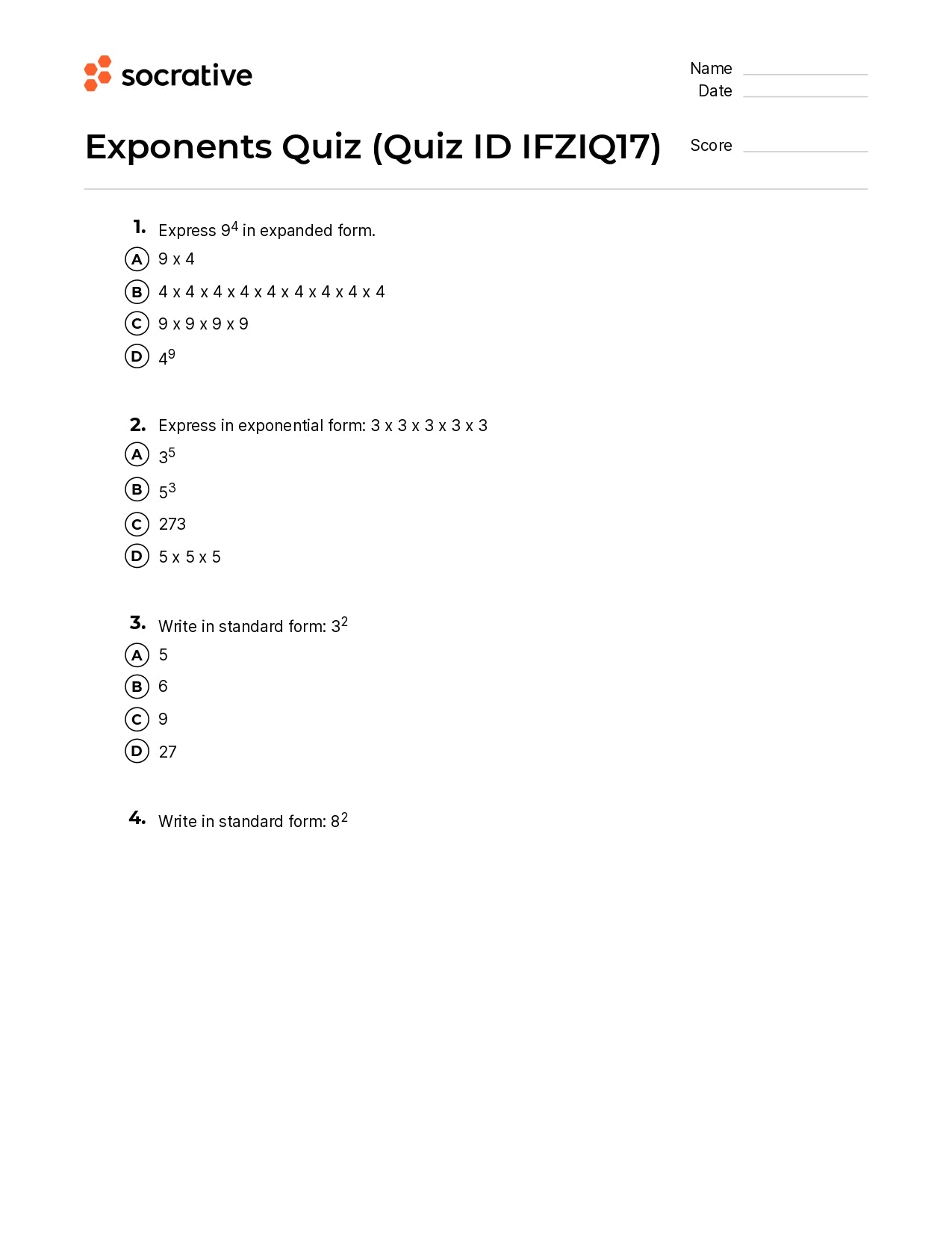 Exponents Quiz