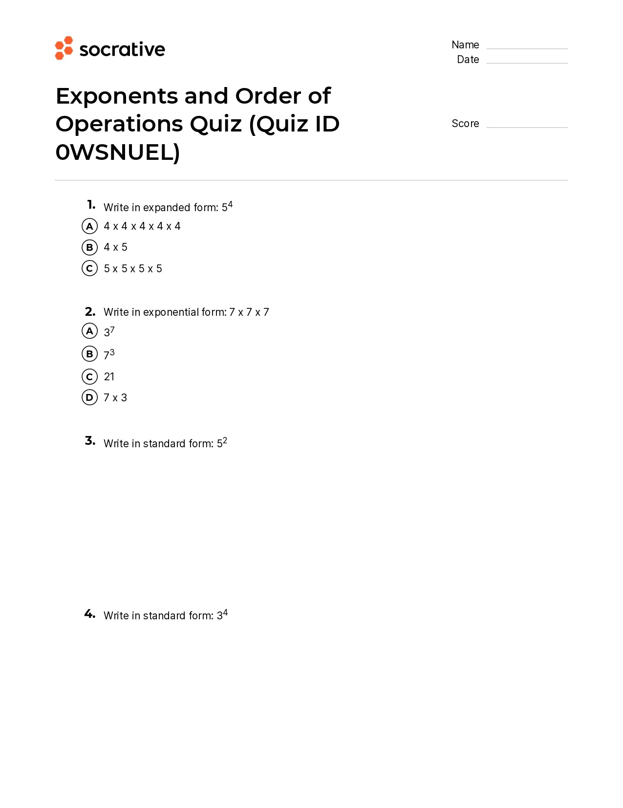 Exponents And Order Of Operations Quiz