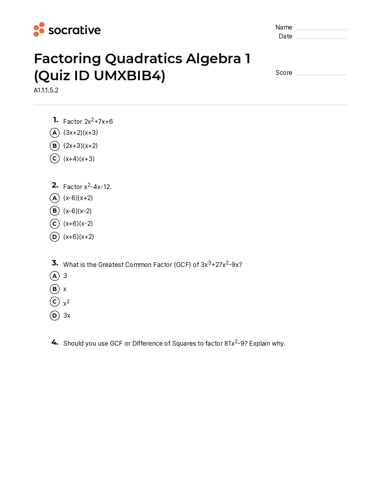 Factoring Quadratics Algebra 1