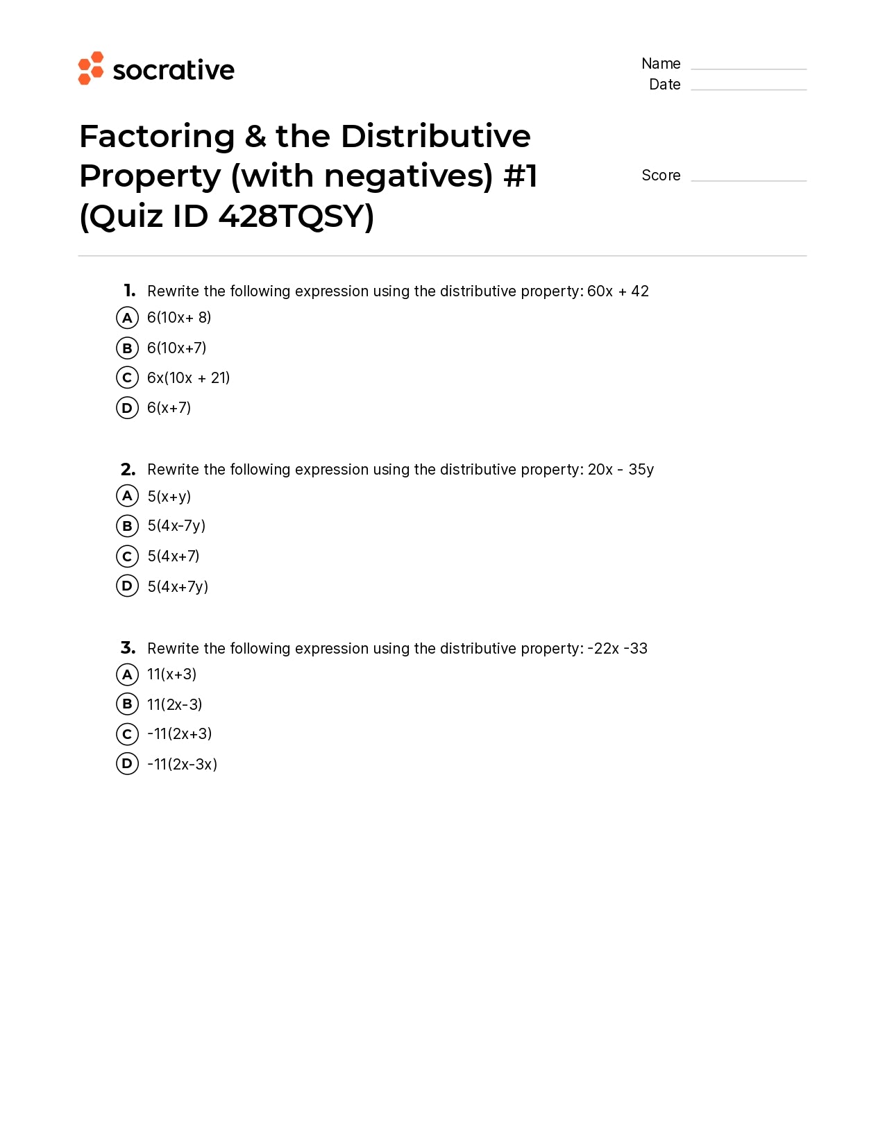 Factoring & The Distributive Property (With Negatives) 1