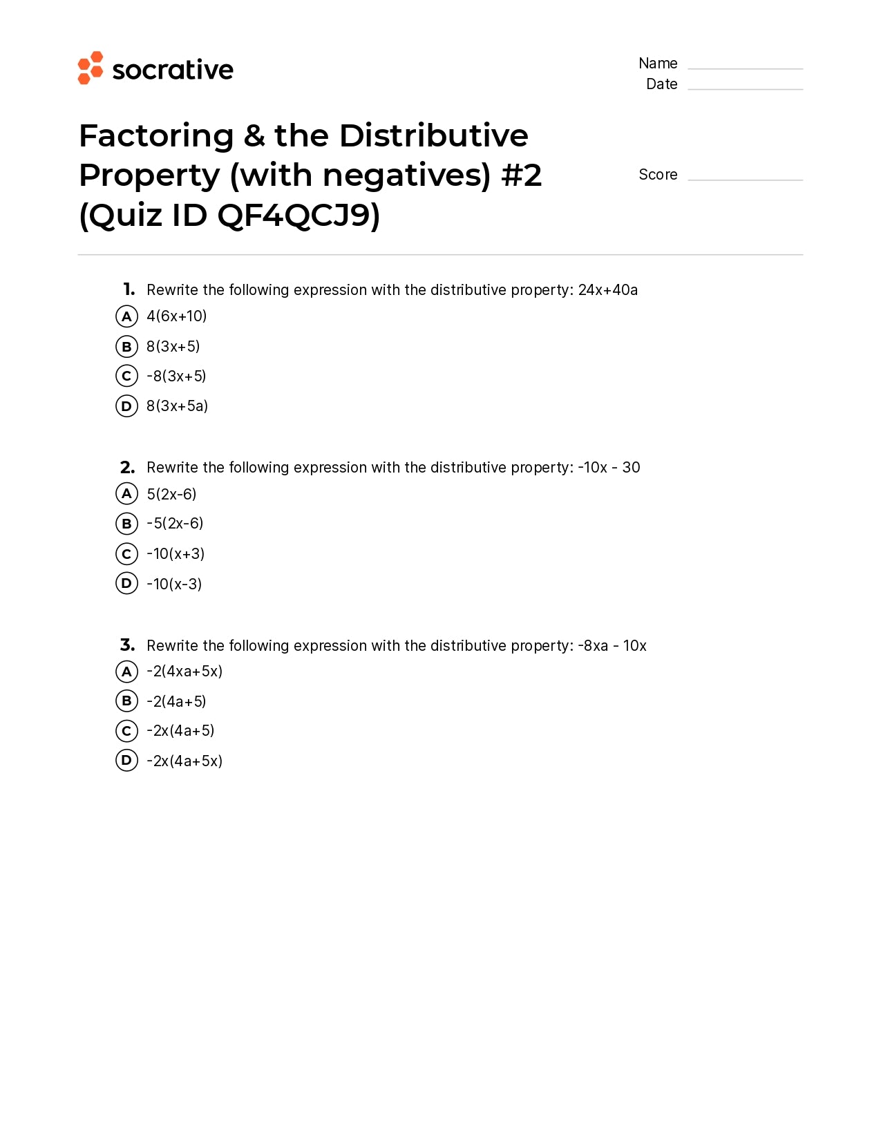 Factoring & The Distributive Property (With Negatives) 2