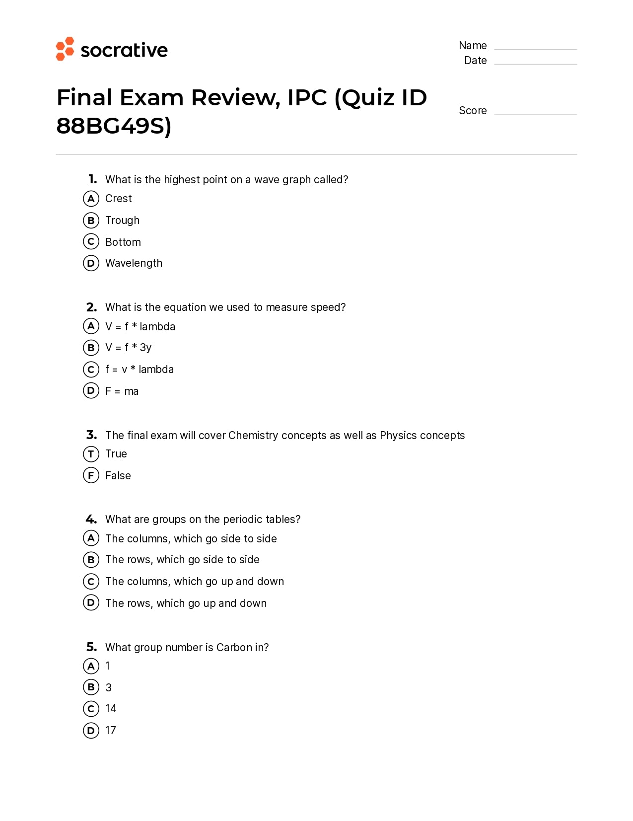 Final Exam Review Ipc