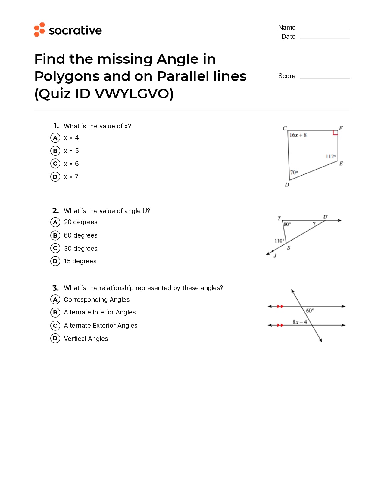 Find The Missing Angle In Polygons And On Parallel Lines
