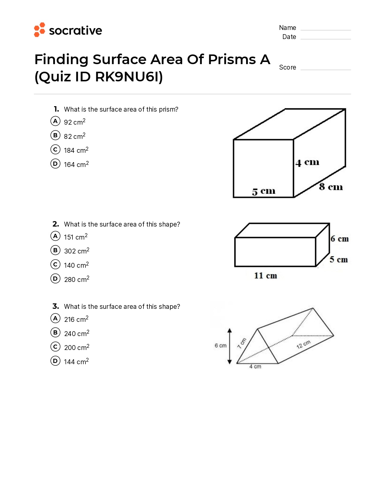 Finding Surface Area Of Prisms A