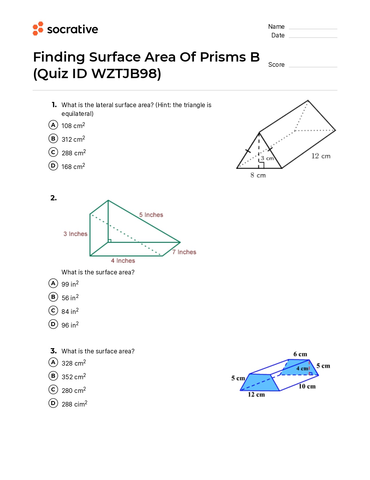 Finding Surface Area Of Prisms B
