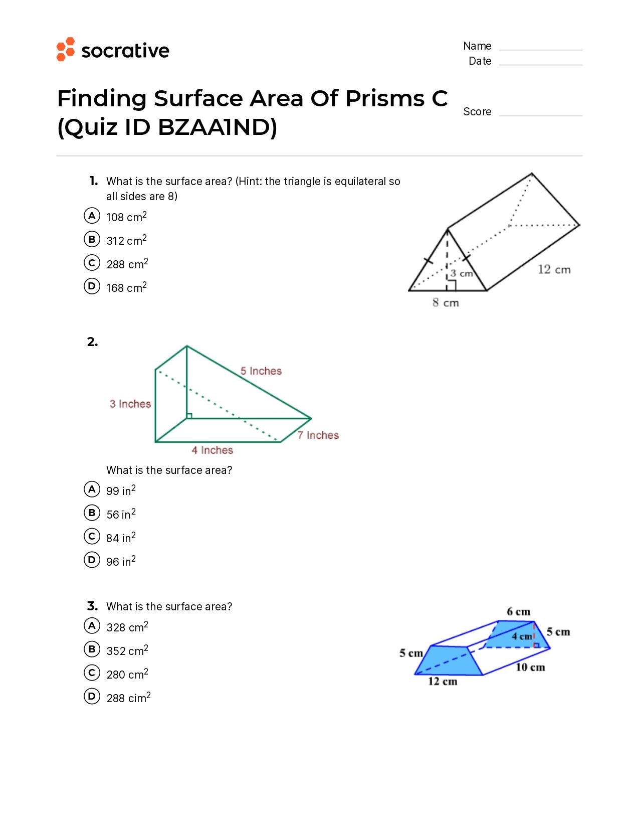 Finding Surface Area Of Prisms C