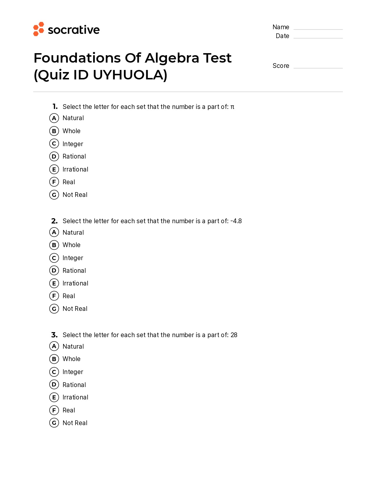 Foundations Of Algebra Test