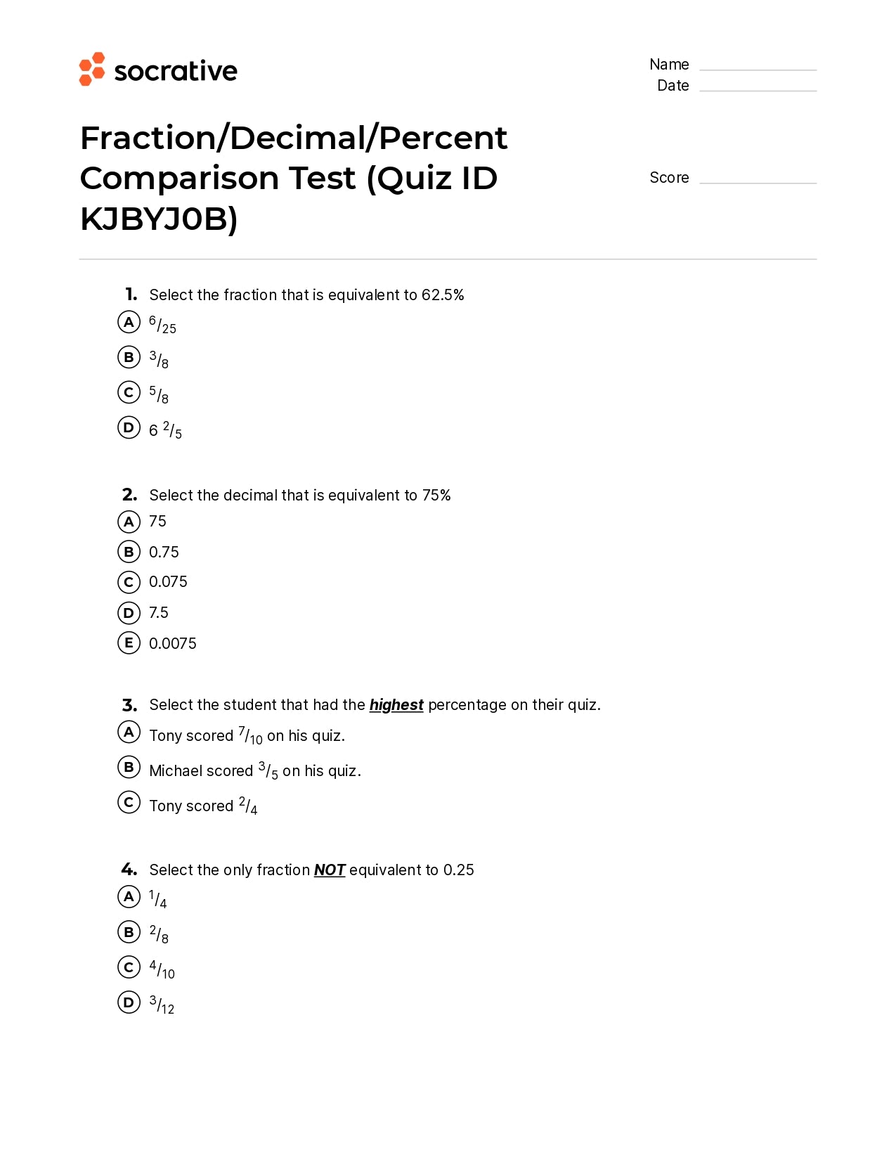Fraction/Decimal/Percent Comparison Test