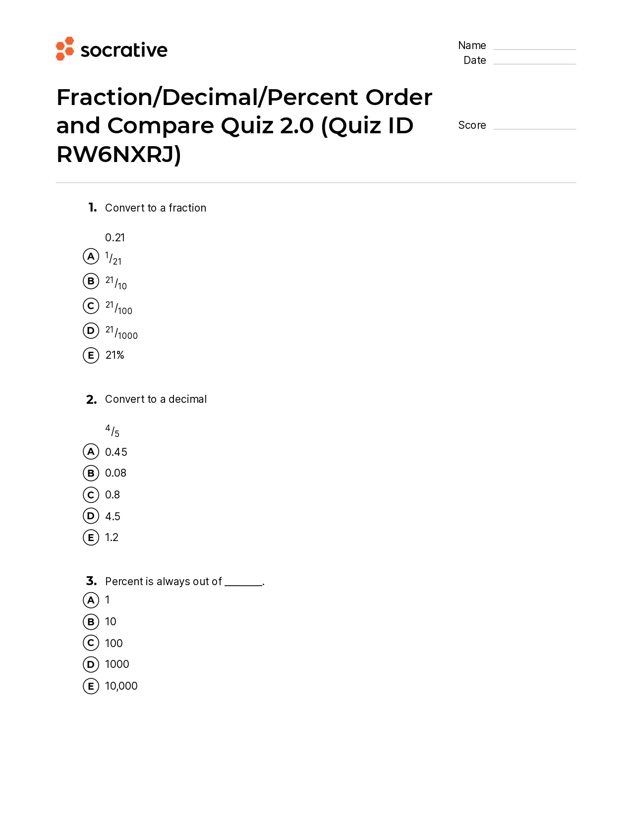 Fraction/Decimal/Percent Order And Compare Quiz 2.0