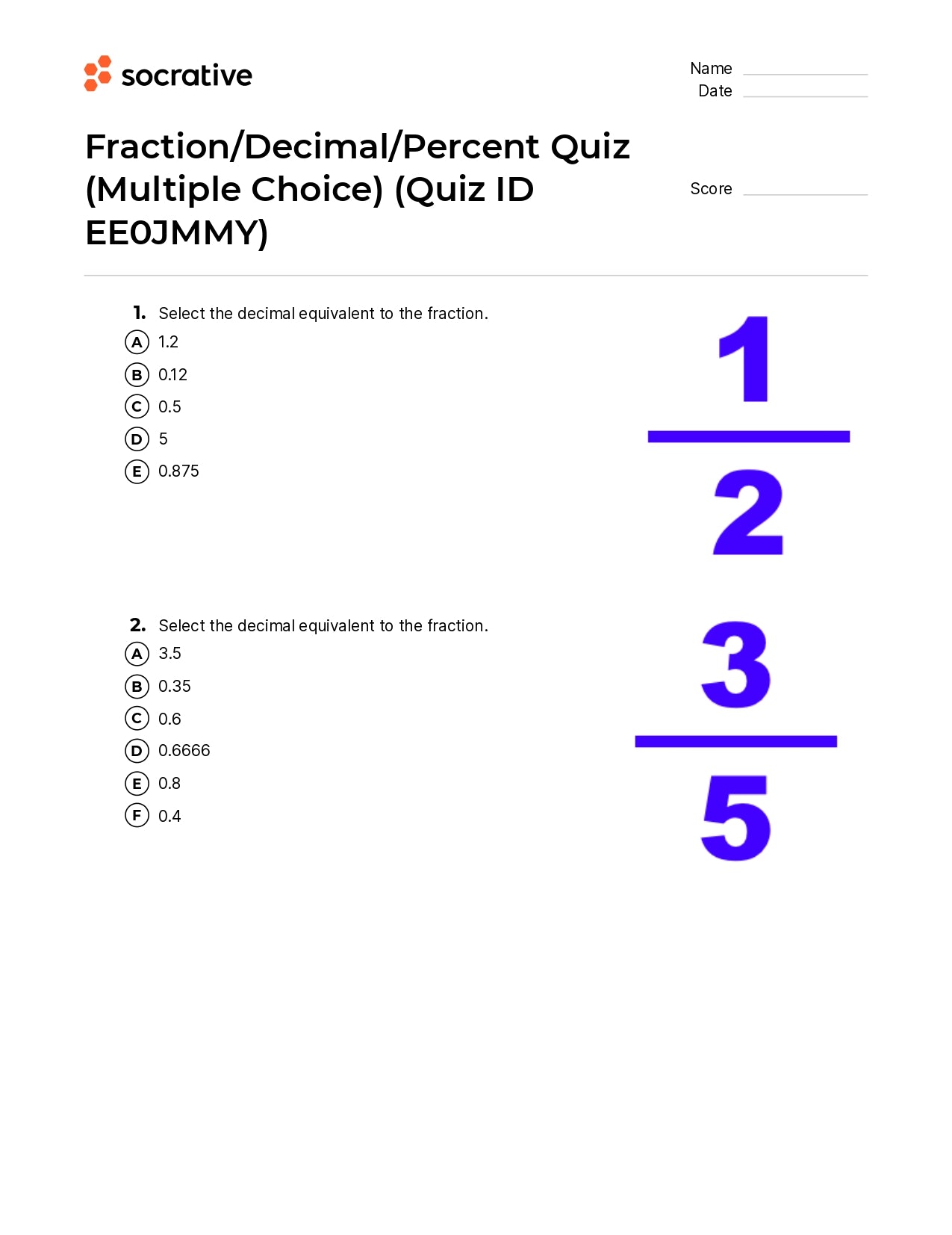 Fraction/Decimal/Percent Quiz (Multiple Choice)