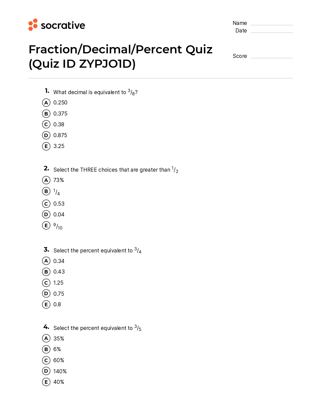 Fraction/Decimal/Percent Quiz